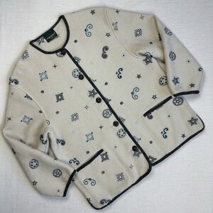 Geiger Collections Embroidered Cardigan Sweater Boiled Wool Cream Ivory Women 40